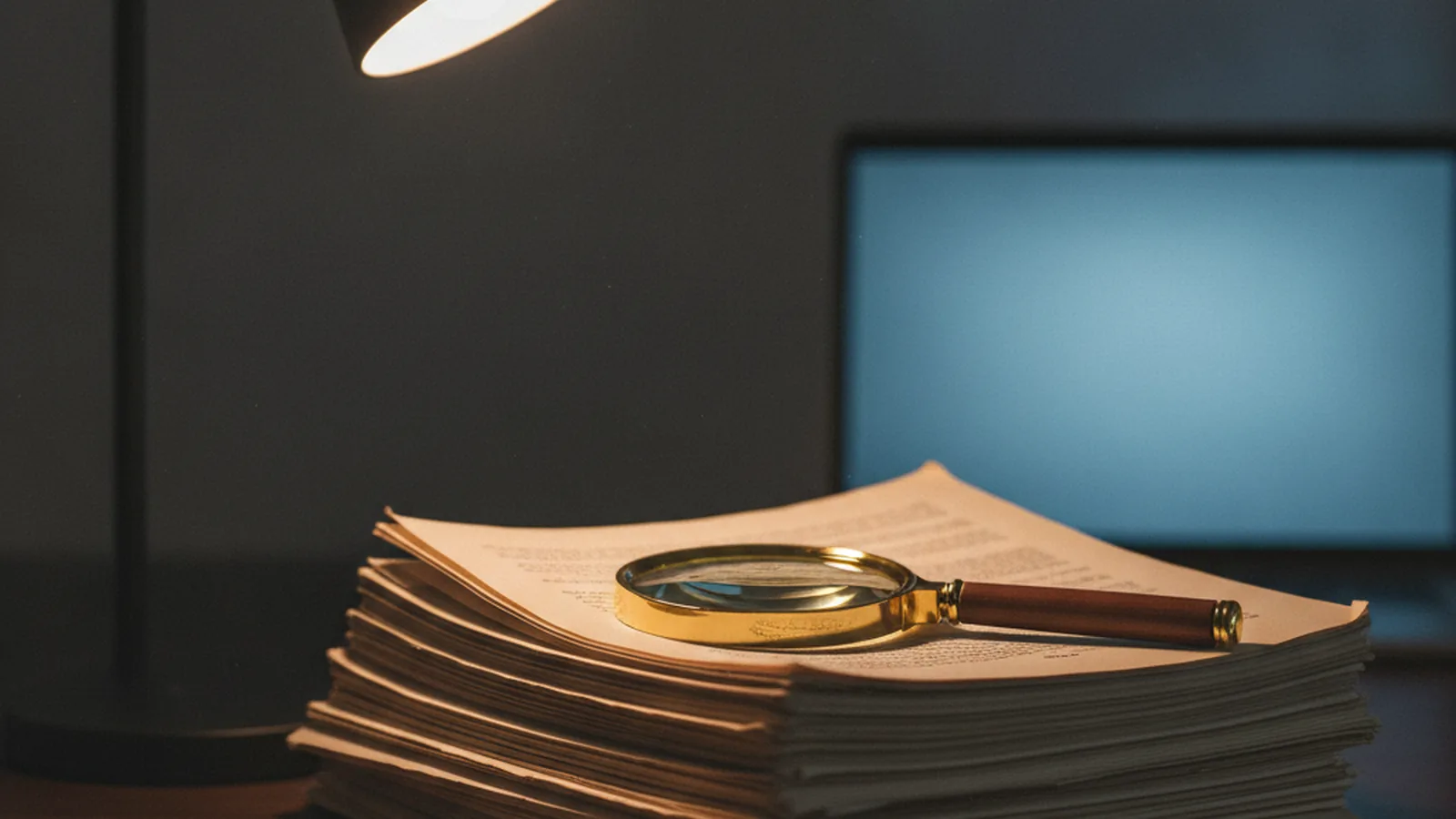 Manuscript stack with a magnifying glass under a desk lamp, a laptop glowing in the dark