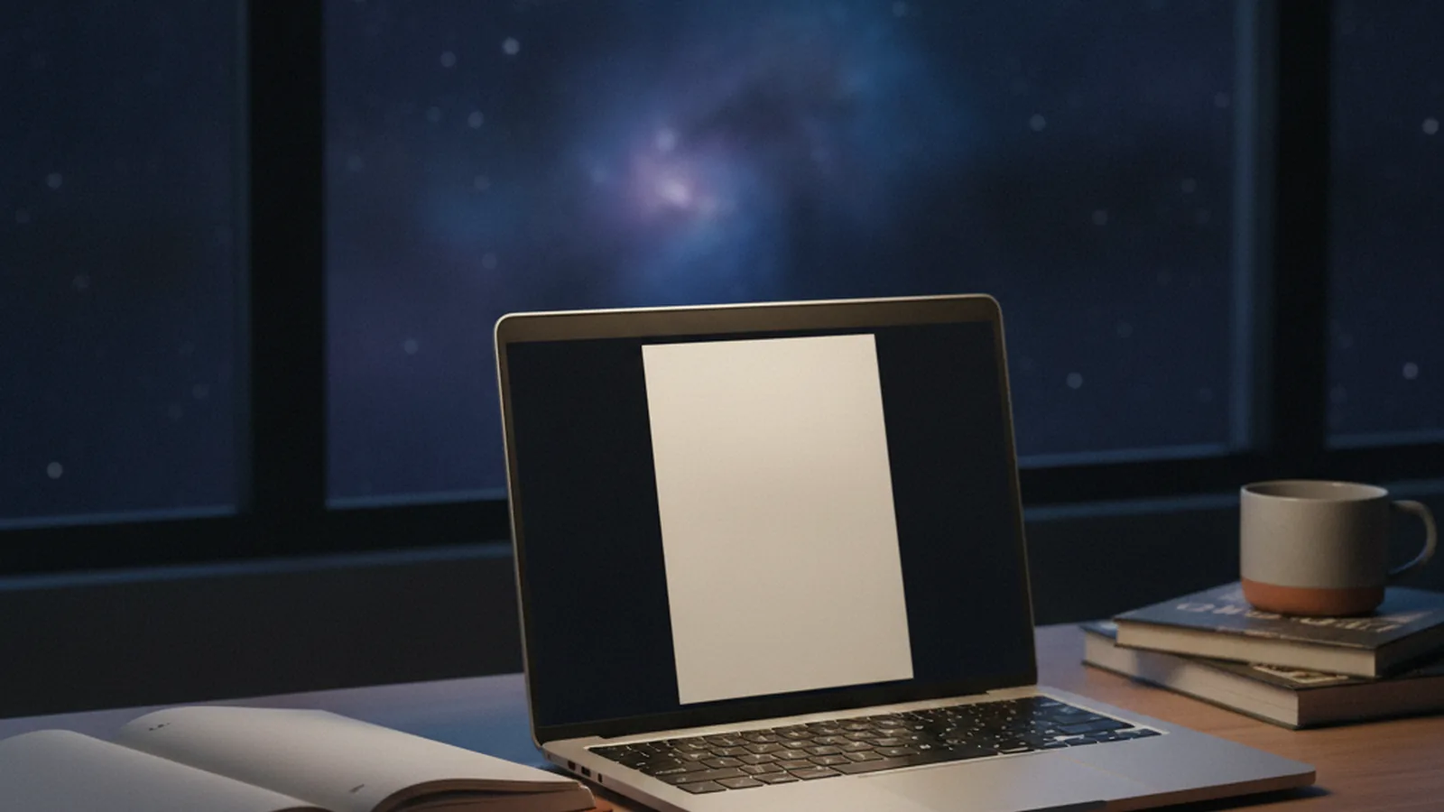 A laptop with a blank manuscript page on a writer's desk at night, a starry sky and nebula beyond the window
