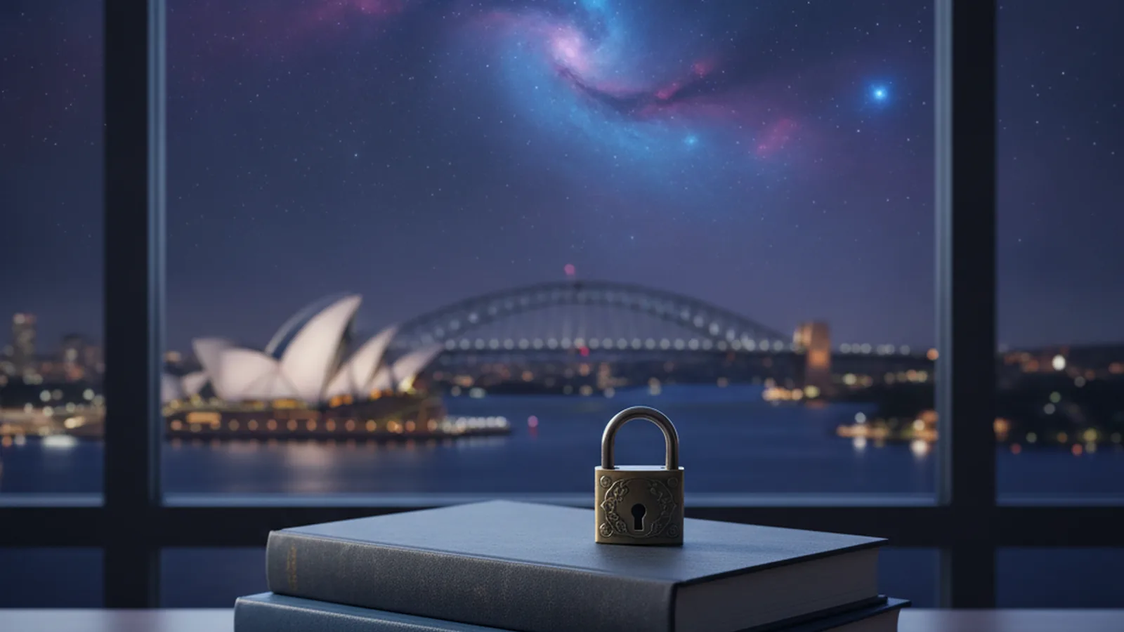 A padlock resting on a stack of hardcover books by a window overlooking Sydney harbour under a starry sky