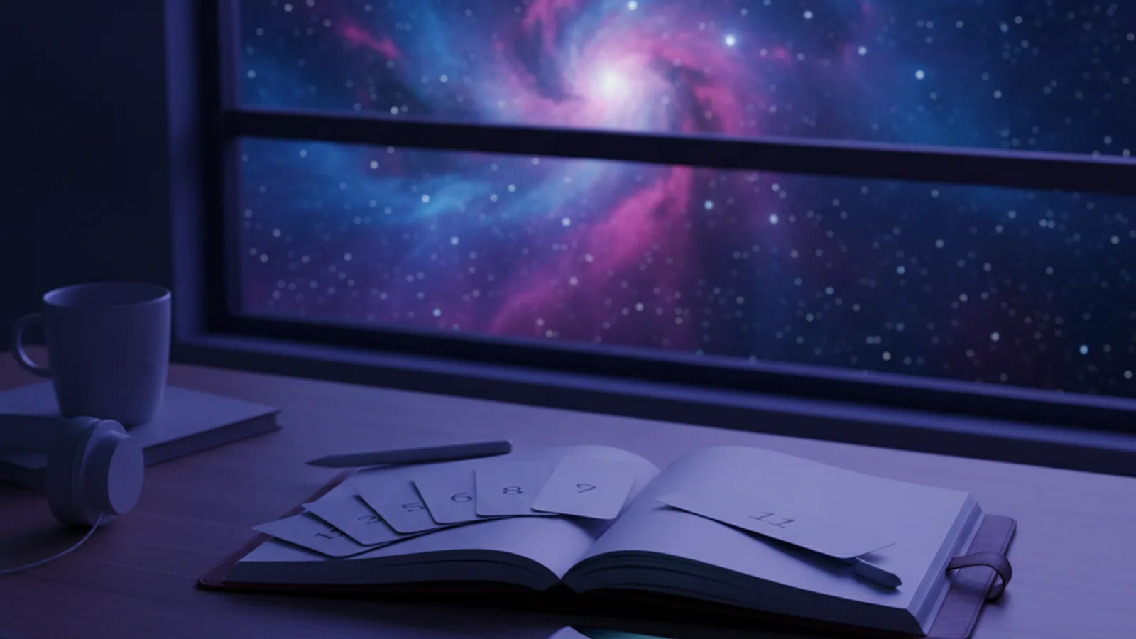 Open notebook with numbered episode cards on a desk at night, a spiral galaxy in the window