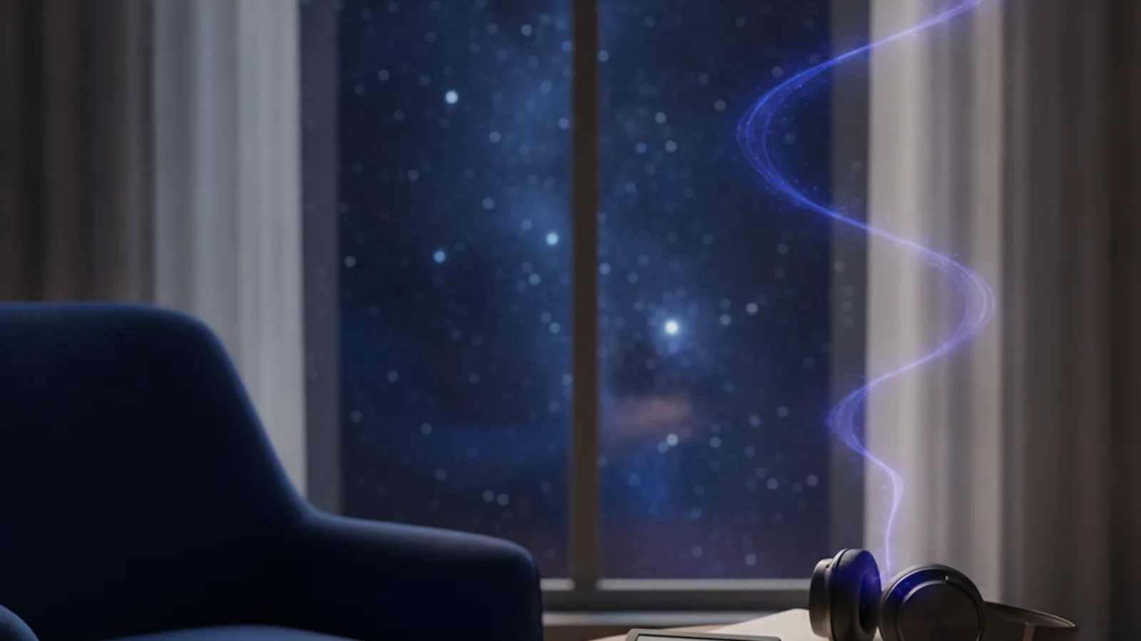 E-reader and headphones by a night window, with sound waves rising toward the stars