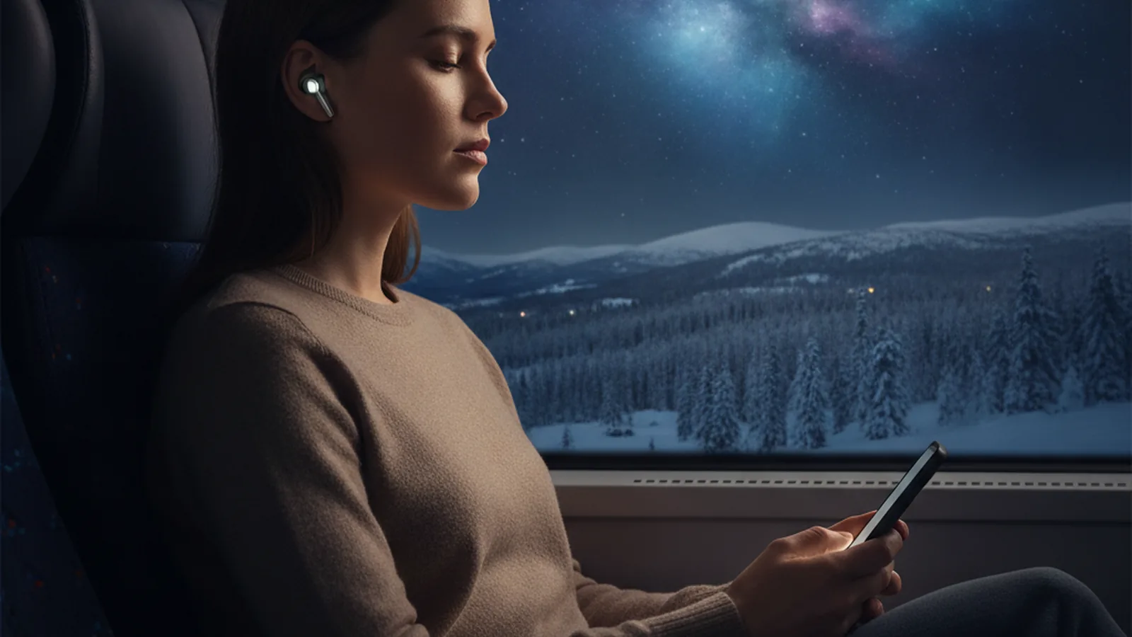 A woman on a night train listening to an audiobook on her phone, snowy hills and a starry sky outside the window